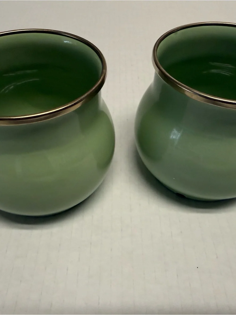 Pair of Green Ceramic Vases with Brass Rim